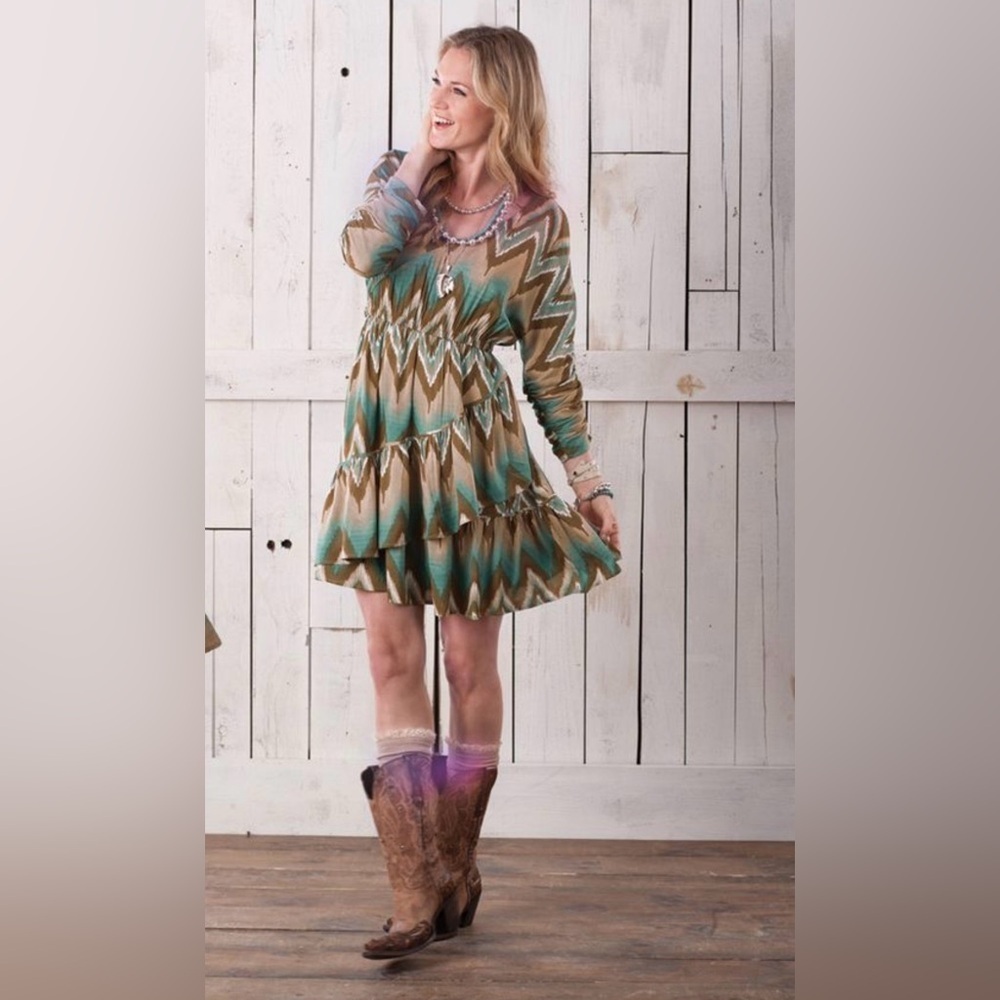 Ariat Mini Dress Aztec Western Rodeo Boho Country Festival Ruched Sleeve M